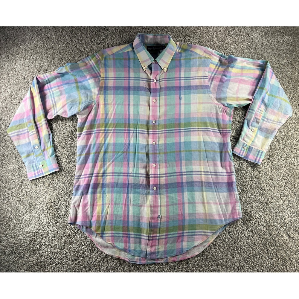 Vtg 90s Ralph Lauren Mens XL Hand Woven Madras Plaid Button Down Shirt Pastel